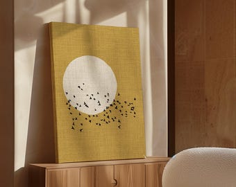 Colorful Flying Birds Moon Wall Art Mustard Ochre Canvas, Eclectic Modern Decor, Extra Large Floating Frame Statement Print