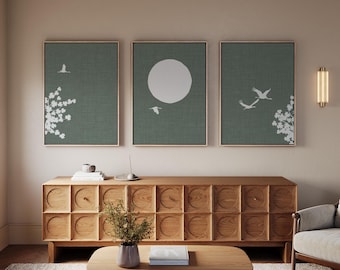 Minimalist Japanese Three Panel Canvas, Crane Birds Japandi Triptych with Bluegreen Linen Background, Calming Wall Decor