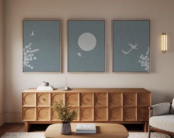 Luxury Set of 3 Canvas with Crane Birds Sun, Nordic Japandi Scandinavian Triptych Artworks, Floating Wooden Frames Available