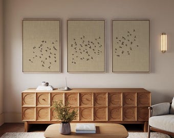 Flock of Birds Japandi Set of 3 Canvas Panels, Framed Triptych Artworks with Linen Look, Minimalistic 3-Piece Wall Art