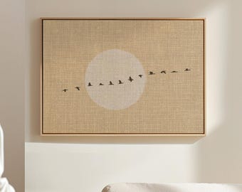 Full Moon Flock of Birds Horizontal Canvas Print, Beige Minimalistic Japandi Wall Art, also available XXL 60x40" 40x30". Made in USA