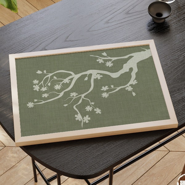 Calming Green Japandi Style Abstract Blossom Tree Branch Poster, Sakura Horizontal Wall Art, Poster for Japanese Home Decor