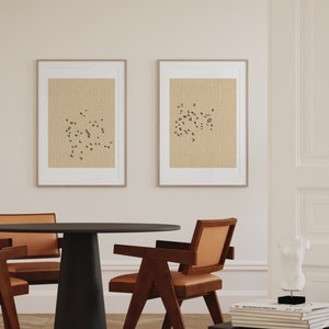 Japandi Set of 2 Wall Art, Flock of Birds Diptych Posters, Modern Minimalist Beige Fabric Appearance Art Prints