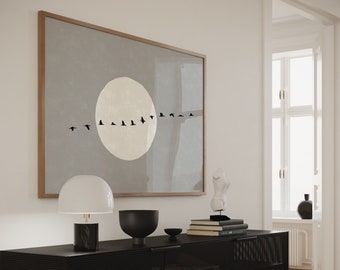 Poster industriale grigio Beton moderno, stormo orizzontale di uccelli Wall Art, uccelli monocromatici Silhouette Full Moon Art Print