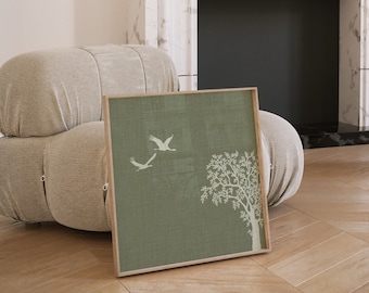 Calming Green Square Wall Art, Abstract Crane Birds Tree Linen Art Poster, 10x10 12x12 16x16 20x20 24x24 28x28 Japandi Art Print