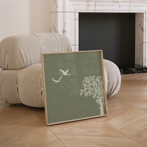 Arte murale quadrata verde calmante, poster artistico in lino con uccelli gru astratti, 10x10 12x12 14x14 16x16 18x18 stampa artistica Japandi