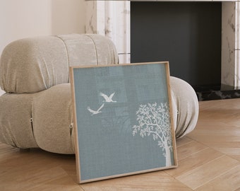 Stampa artistica scandinava blu con silhouette di albero di uccelli gru, regalo in stile giapponese in 10x10 12x12 14x14 16x16 18x18 pollici, arte della parete Scandi