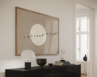 Japandi Flock of Geese Sun Wall Art, Taupe Beige Neutral Home Decor, Scandinavian Minimalist Art Poster