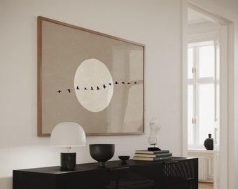 Japandi Flock of Geese Sun Wall Art, Taupe Beige Neutral Home Decor, Poster d'arte minimalista scandinavo