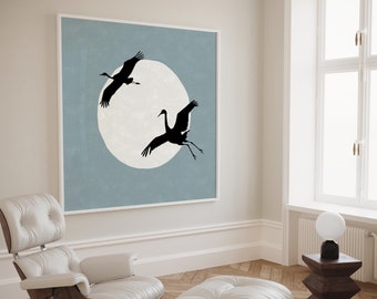 Japandi Wabi Sabi Black Crane Birds Natural Blue Wall Decor, Hygge Calming Nature Inspired Square Giclee Wall Hanging, Stampa d'arte