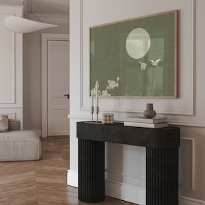 Poster Japandi Green Sky, arredamento giapponese per la casa, disponibile in formato XXL, stampa artistica orizzontale con uccelli, sole e fiori