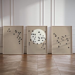 Set of 3 Japandi Wall Art Prints Flock of Birds and Full Moon Poster Triptych Scandinavian Minimalist Neutral Beige Taupe Home Decor