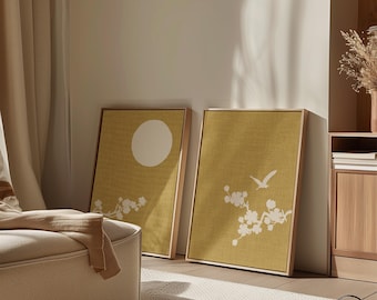Extra Large Eye-Catcher Set of 2 Yellow Canvas, Luxurious 2-Piece Canvas in Floating Frames, Perfect for Japandi Minimalist or Scandi Decor