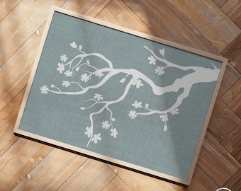 Blue Sakura Branch Print, Japanese Wall Art for Japandi Home Decor, Landscape Size High Quality Poster, Cherry Blossom Wall Art
