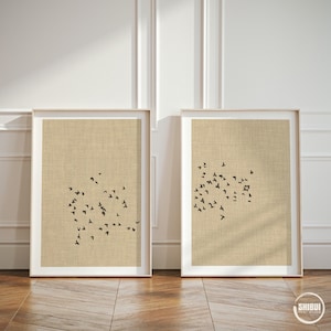 Japandi Set of 2 Wall Art, Flock of Birds Diptych Posters, Modern Minimalist Beige Fabric Appearance Art Prints