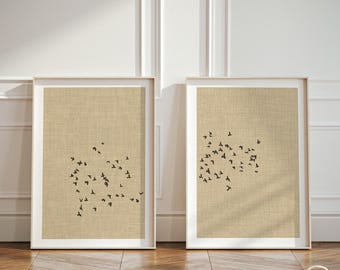 Japandi set van 2 kunst aan de muur, zwerm vogels tweeluik posters, moderne minimalistische beige stof uiterlijk kunstafdrukken