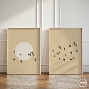 Set di 2 poster artistici in stile scandinavo con stormo di uccelli e silhouette di luna, dittico da 2 pezzi, stampe artistiche da parete moderne Japandi