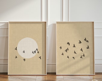 Scandinavian Home Decor Set of 2 Art Posters with Flock of Birds and Moon Silhouette, 2 Piece Diptych Modern Japandi Wall Art Prints