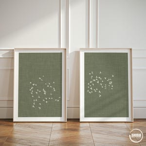 Flock of Birds Diptych Wall Art, Set of 2 Sage Green Pairing Prints, 2 Piece Minimalist Japandi Linen Look Art Prints