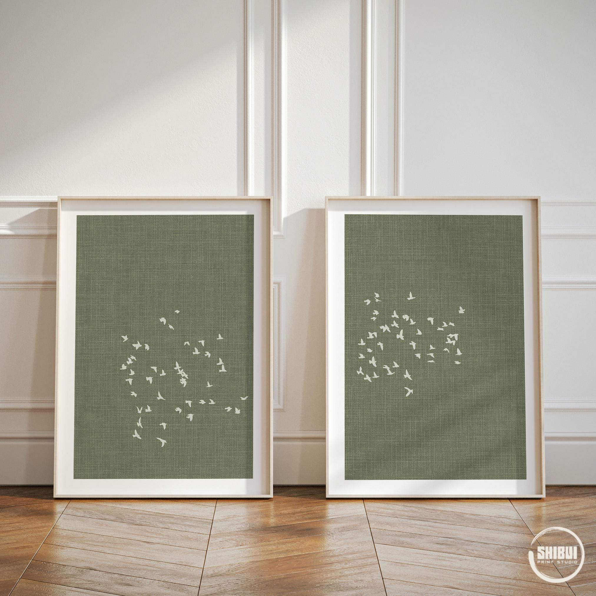 Flock of Birds Diptych Wall Art, Set of 2 Sage Green Pairing Prints, 2 Piece Minimalist Japandi Linen Look Art Prints