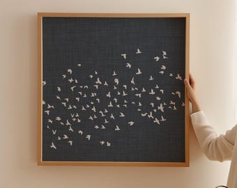 Dark Blue Minimalist Japanese Poster, Flock of Birds Square Size Print, Extra Large Wall Art available up to 24x24inch 28x28inch