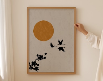 Mid-Century Modern Poster – Scandinavian Minimalist Wall Art with Crane Birds & Blossom Silhouette on Concrete Gray Background
