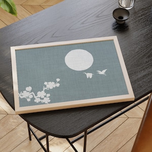 Serene Japandi Art Poster - Horizontale Wandkunst Fliegender Reiher, Sonne & Blüte - XXL Größen erhältlich