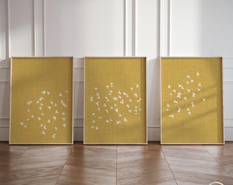 3-Piece Poster Triptych with Flock of Birds, Mustard Yellow Japandi Wall Art with Linen Look Background, Minimalist Scandi Set of 3 Prints