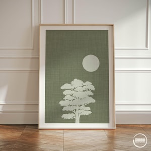 Japandi Wabi Sabi Green Minimalist Tree Art Poster, Hygge Organic Colors Calming Textured Wall Hanging, Art Print