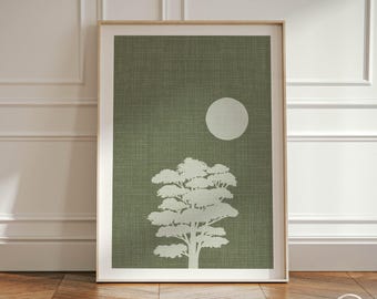 Japandi Wabi Sabi Green Minimalist Tree Art Poster, Hygge Organic Colors Calming Textured Wall Hanging, Art Print