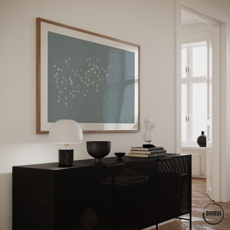 XXL flock of birds poster displayed in a minimalistic Japandi style decor