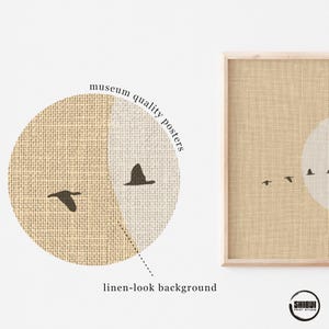 May include: A framed art print featuring a flock of birds in flight against a beige linen-look background. The print has a light wooden frame. The text "museum quality posters" and "linen-look background" are also visible.