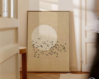 Japandi Moon and Flying Birds Canvas Wall Art, Sepia Beige Linen Look Wall Decor, Japanese Minimalist Neutral Oversized Print. Made in USA