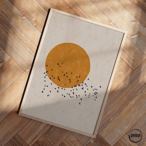 Poster Japandi in stile moderno di metà secolo con stormo di uccelli grigio cemento, silhouette del sole giapponese, arte murale, disponibile fino a XXL 24x36" 61 x 91 cm A1