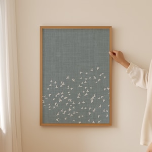 Poster con stormo di uccelli blu, ideale per arredamenti in stile giapponese, scandinavo o nordico, disponibile nei formati più diffusi come 18x24", 20x30" e 50x70 cm.