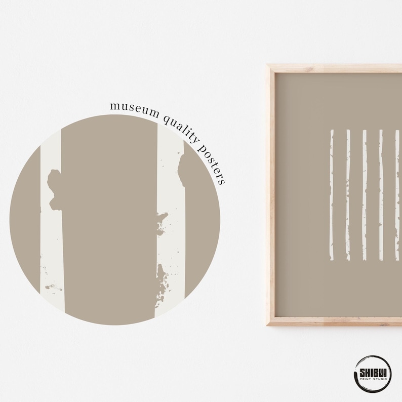 May include: A rectangular framed poster with a light brown background and five vertical white lines featuring a distressed texture. A circular graphic on the left displays the same pattern with the text museum quality posters curved along the top.