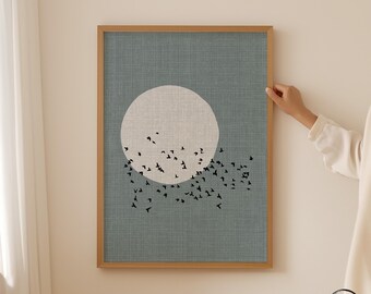 Poster met Scandinavische maansilhouetten - Prachtige kunstprint met een zwerm vogels, blauwe muurdecoratie, linnenlook, Scandinavisch design