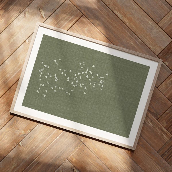 Flock of Birds Wall Art – Horizontal Green Linen Look Poster, Calm Nature-Inspired Minimalist Print, Above Bed Home Decor, XXL Options
