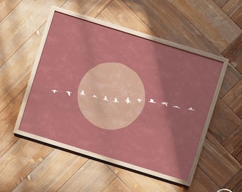 Flock of Geese Warm Pink Art Print, Modern Minimalist Japandi Birds Wall Art, Warm Home Decor Poster