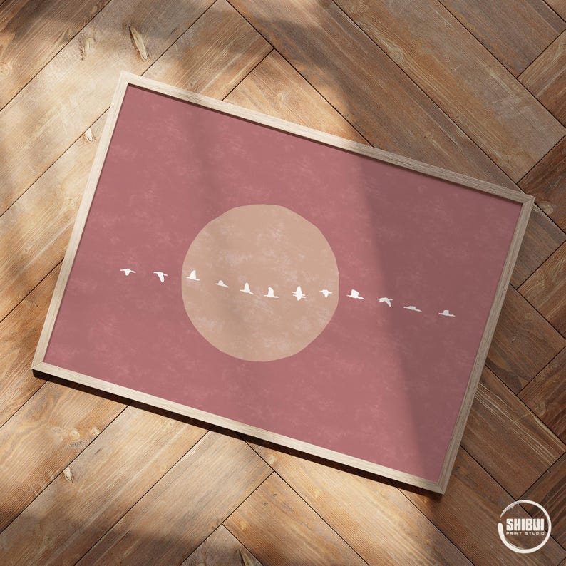 Flock of Geese Warm Pink Art Print, Modern Minimalist Japandi Birds Wall Art, Warm Home Decor Poster image 1