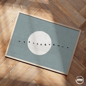 Flock of Birds Full Moon Blue Wall Art, Minimalistic Nordic Scandinavian Art Print, Horizontal Nature Poster