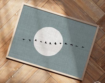 Stormo di uccelli, luna piena, stampa artistica da parete blu, stampa artistica minimalista nordica scandinava, poster orizzontale naturalistico