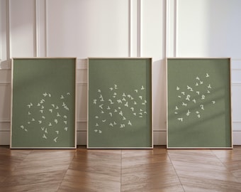 Set minimalista di 3 stampe di stormi di uccelli - Arte murale Japandi in lino verde, 3 pezzi / Decorazione per la casa in stile giapponese / Stampe murali tranquille e moderne