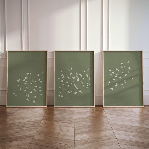 Minimalist Set of 3 Flock of Birds Prints - Green Linen Japandi 3-Piece Wall Art | Japanese Style Home Decor | Calm and Modern Wall Prints