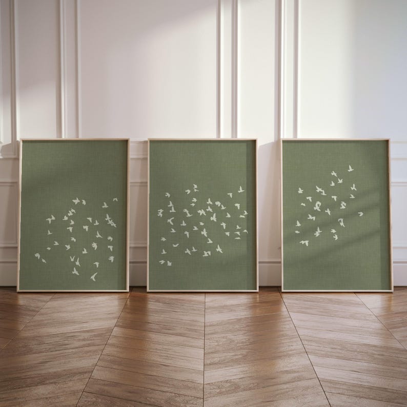 Japandi-inspired art poster set of 3 with flock of birds for home