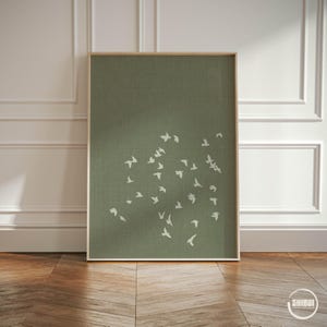 Left print in this triptych with linen look background and flock of birds