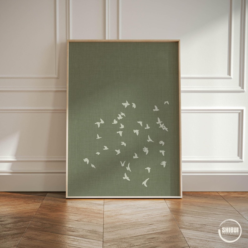Left print in this triptych with linen look background and flock of birds
