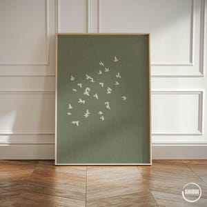 Right print in this triptych with linen look background and flock of birds