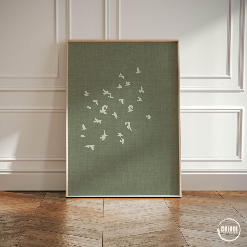 Right print in this triptych with linen look background and flock of birds