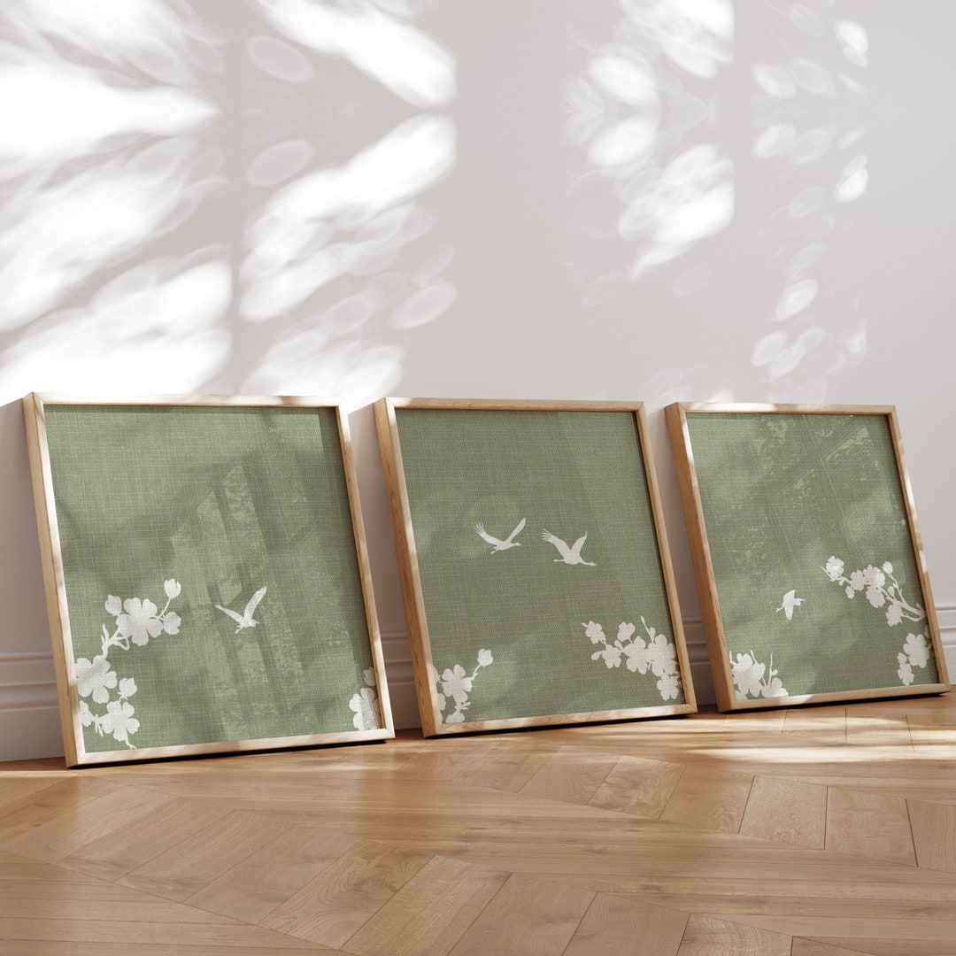 Japanese Crane Birds Herons Blossom Sun Tree Square Triptych Wall Art ...